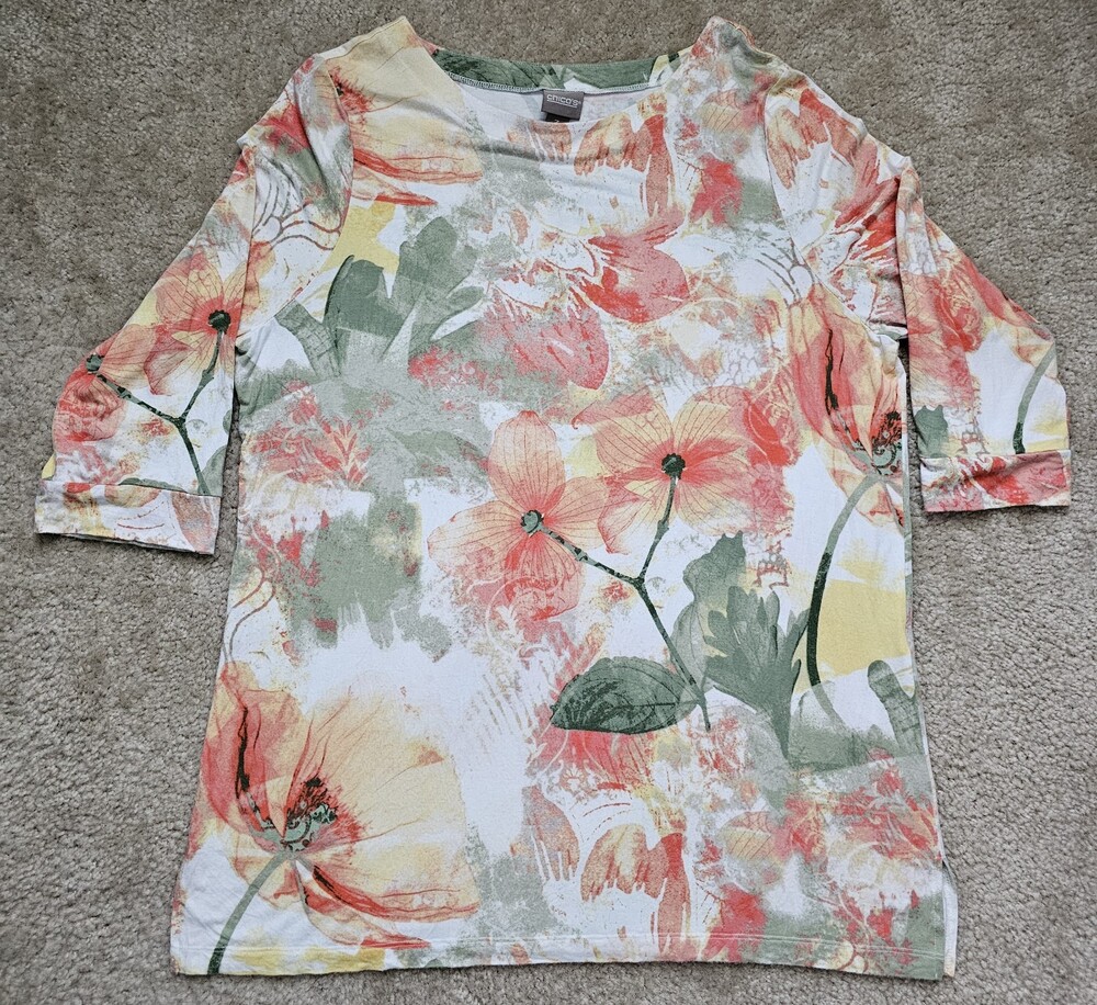 Chico's Women's Size 3 XL Floral Watercolor Tunic Top 3/4 Sleeve Multicolor
